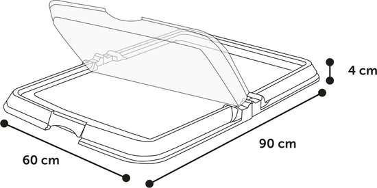 Schematische tekening van trainingsmat houder met afmetingen: 90 cm lang, 60 cm breed, 4 cm hoog.