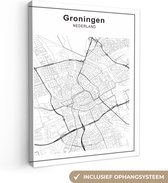 Canvas Schilderij Stadskaart - Groningen - Zwart Wit - 60x80 cm - Wanddecoratie