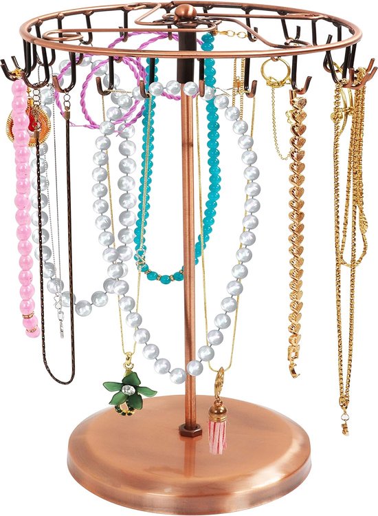 Koper Metalen Roterende Sieraden Houder Display Standaard (23 Haken) – H34,8 x B20,5 cm – Hang Organizer Toren Rek – Opslag Voor Kettingen & Armbanden, Ringen & Oorbellen