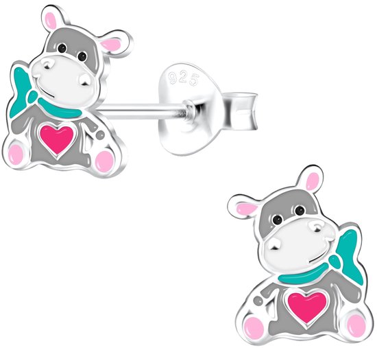 Joy|S - Zilveren nijlpaard oorbellen - met roze hartje - 6 x 8 mm - t39
