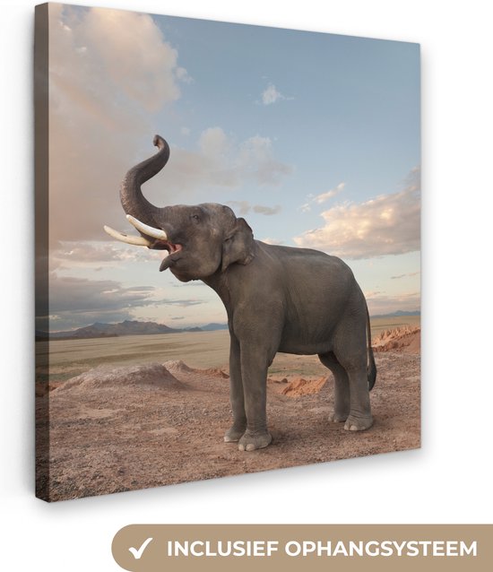 Canvas Schilderij Trompetterende olifant in de woestijn - 90x90 cm - Wanddecoratie