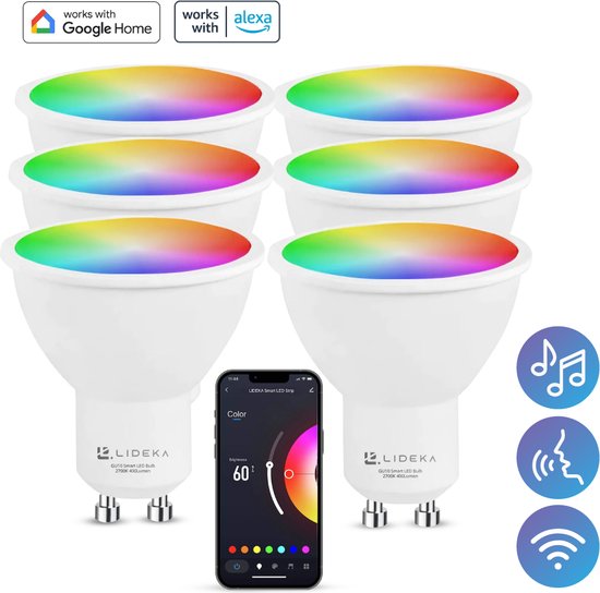 Lideka® - Slimme LED Smart Lampen - Spot GU10 - Set Van 6 - RGBW - met App - 6W - 400 Lumen - 2700K - 6500K - Smart LED Verlichting - Dimbaar - Google, Alexa en Siri
