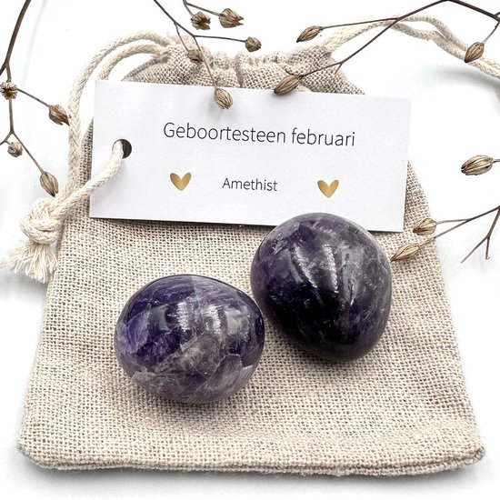 Geboortesteen februari - Amethist (zakje) (edelstenen, mineralen, kristallen, geboortemaand, talisman, geluksbrenger, verjaardags cadeau vrouw man, gefeliciteerd, geboorte, feestdagen, kerstcadeau)