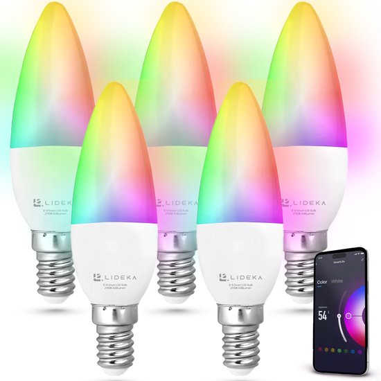 Lideka® - Slimme LED Smart Lampen - E14 - Set Van 5 - RGBW - met App - 6W - 600 Lumen - 2700K - 6500K - Smart LED Verlichting - Dimbaar - Google, Alexa en Siri