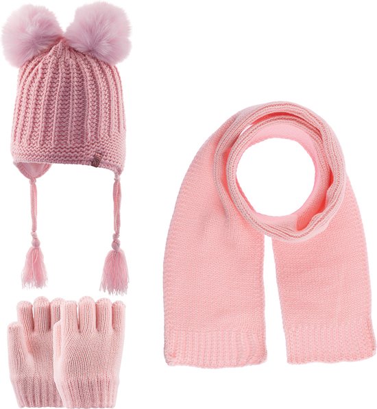 Kitti 3-Delig Winter Set | Muts (Beanie) met Fleecevoering - Sjaal - Handschoenen | 1-4 Jaar Meisjes | K23160-06-02 | Light Pink