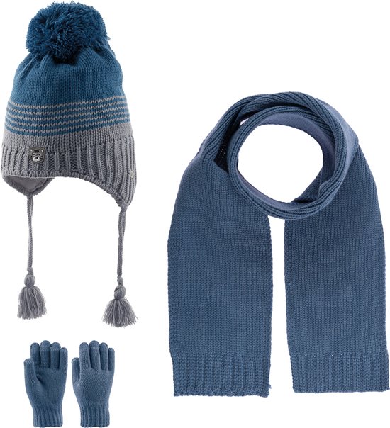 Kitti 3-Delig Winter Set | Muts (Beanie) met Fleecevoering - Sjaal - Handschoenen | 4-8 Jaar Jongens | K23170-09-03 | Blue