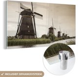 MuchoWow® Glasschilderij 40x20 cm - Schilderij acrylglas - Molen - Brug - Nederland - Foto op glas - Schilderijen