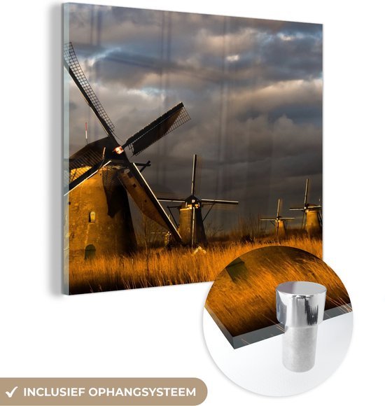 Peinture sur Verre - Moulin à Vent - Nuit - Pays- Nederland - 90x90 cm - Peintures sur Verre Peintures - Photo sur Glas