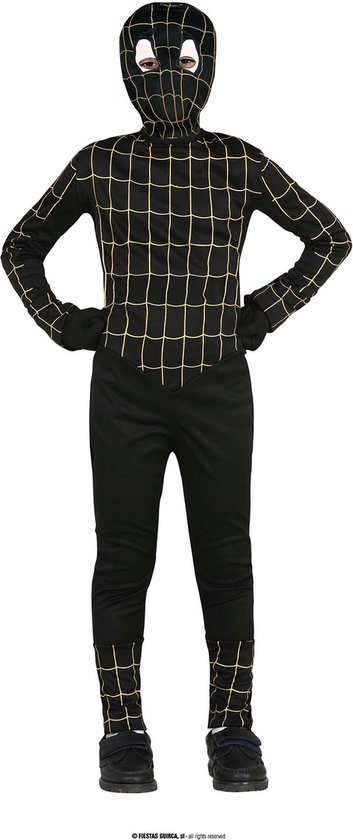 Guirca - Venom & Black Spiderman Kostuum - Zwarte Giftige Superheld Venom Kind Kostuum - Zwart - 10 - 12 jaar - Halloween - Verkleedkleding