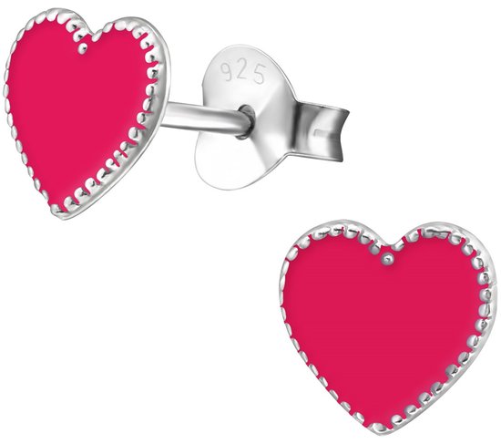 Joy|S - Zilveren hartje oorbellen - 7 mm - diep roze/ rood - oorknoppen