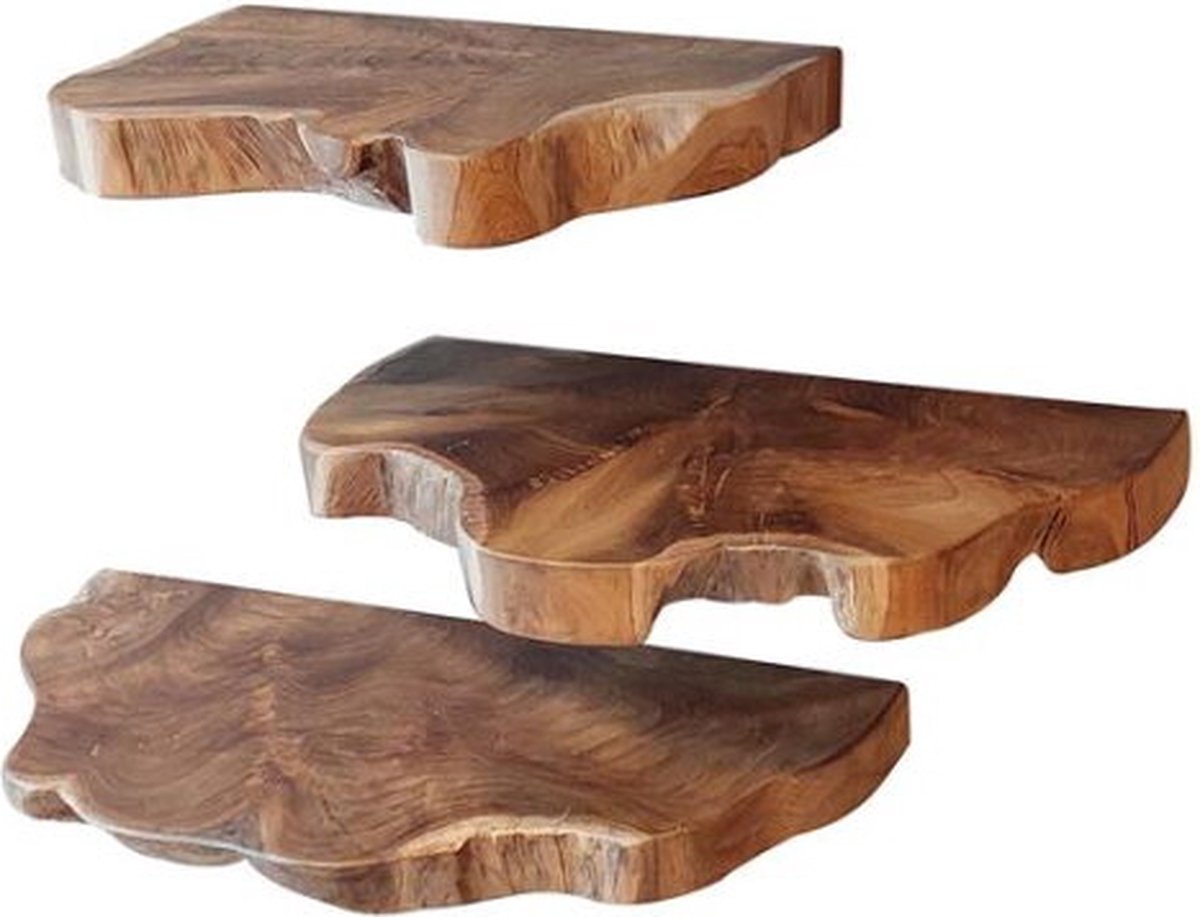 Wandplank teakhout set van 3 – Massief teakhout – live edge – Houten wandplanken – Naturel – Landelijk – 35/45/55 cm