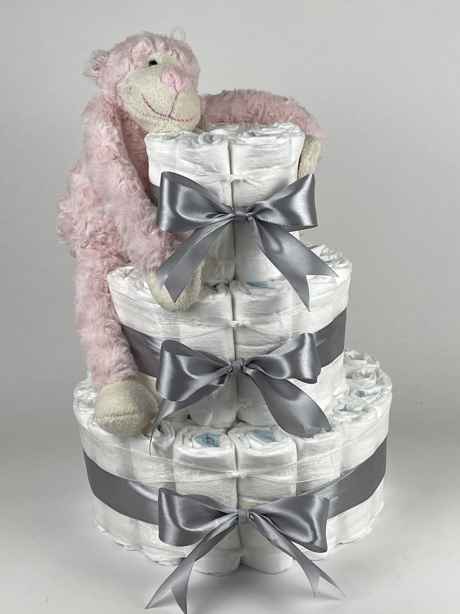 Goedkoopste Chouette-Chouette | Luiertaart Meisje | Kraamcadeau | Geboorte Meisje | Babyshower | Aap Roze - Grijs