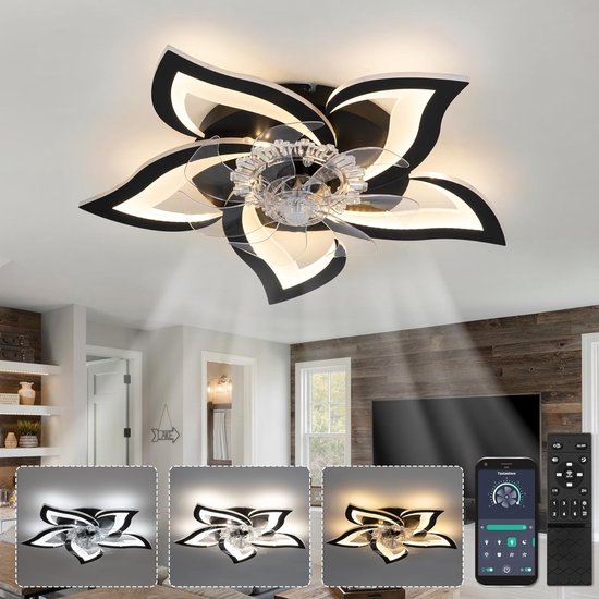LuxiLamps - 5 Lotus Ventilator Lamp - Plafondventilator - Zwart - Smart Lamp - Met Dimmer - 6 Standen Ventilator - Keuken Lamp - Woonkamerlamp - Moderne lamp