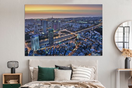 Canvas schilderij 180x120 cm - Wanddecoratie Tel Aviv bij zonsondergang - Muurdecoratie woonkamer - Slaapkamer decoratie - Kamer accessoires - Schilderijen