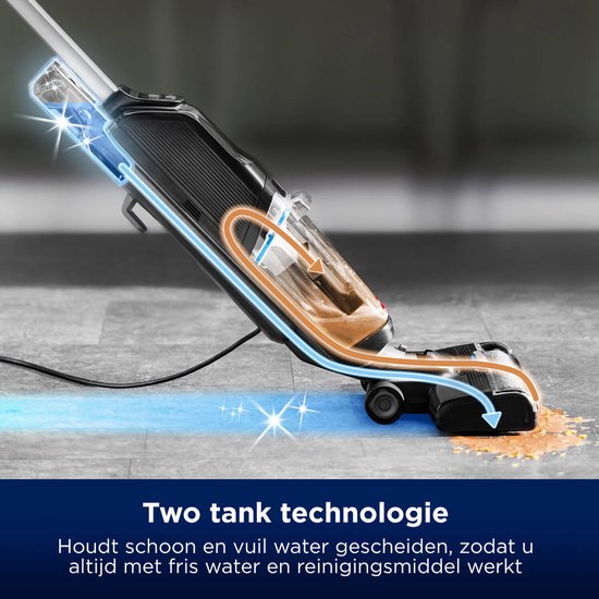 Een geanimeerde weergave van de BISSELL CrossWave met de tekst 'Two tank technologie', die schoon en vuil water scheidt.