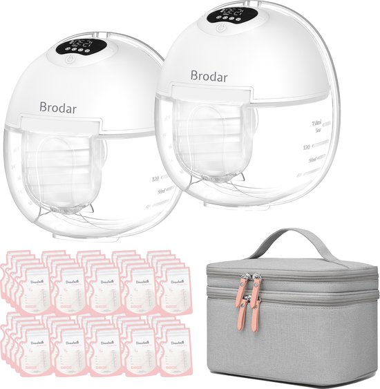  - Brodar Dubbele Elektrische Borstkolf – Handsfree – Oplaadbaar – BPA vrij – Incl. Kolftas voor Onderweg en 50 Bewaarzakjes – 2 Stuks – Wit