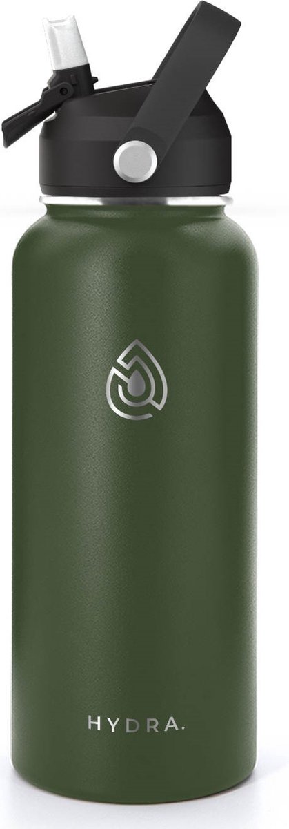 Drinkfles Roestvrij Staal 1000ml - Forest Green - 1L RVS Waterfles Groen - Outdoor - Verpakking inclusief dop met rietje, draaidop, schoonmaakborstel - min. 24u warm - 24u koud - Hydra.