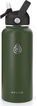 Gourde inox 1000ml - Forest Green - Gourde 1L Inox - Packaging comprenant bouchon avec paille, bouchon à vis, brosse de nettoyage - Hydra.