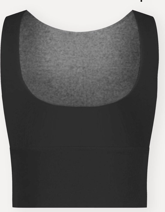 Zwart sport T-shirt met hoge hals en brede band aan de onderkant.