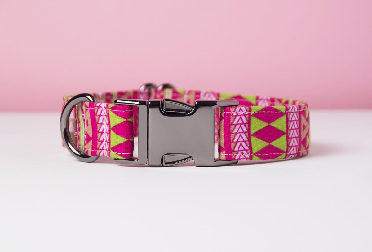 Awesome Paws halsband hond - Honden Halsband Azteken Patroon Groen Roze - Handmade | Maat S