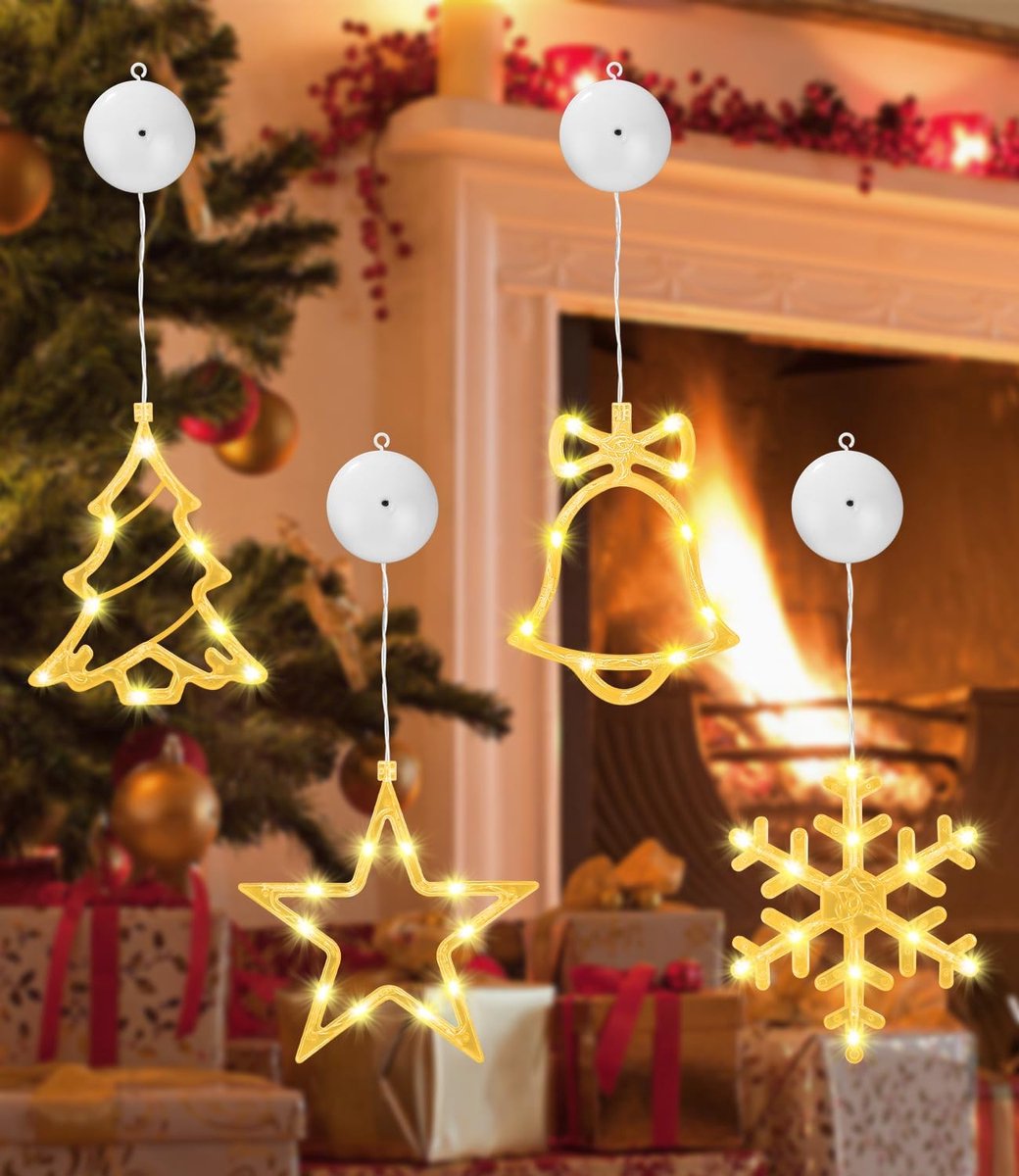 LED Kerstverlichting, Set van 4, 10 LED Raamlichtslingers, Batterij-aangedreven met Zuignappen, Perfect voor Kerst, Balkon, Feest, Bruiloft
