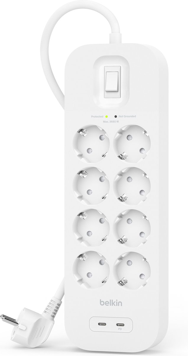 Belkin Spanningsbeveiliger met 8 stopcontacten Wit 2M (USB-C+USB-C)