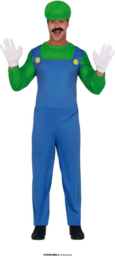 Guirca - Luigi Kostuum - Luigi De Loodgieter - Man - Blauw, Groen - Maat 54-56 - Carnavalskleding - Verkleedkleding