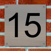 Huisnummerbord RVS Deluxe - Nummer 15 - 12 x 12 cm - incl. set voor bevestiging | - naambord - nummerbord - voordeur