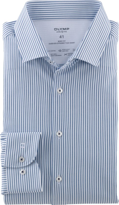 OLYMP 24/7 Level 5 body fit overhemd - tricot - bleu gestreept - Strijkvriendelijk - Boordmaat: 40