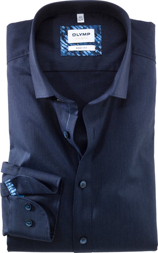 OLYMP Level 5 body fit overhemd - mouwlengte 7 - twill - marineblauw - Strijkvriendelijk - Boordmaat: 38
