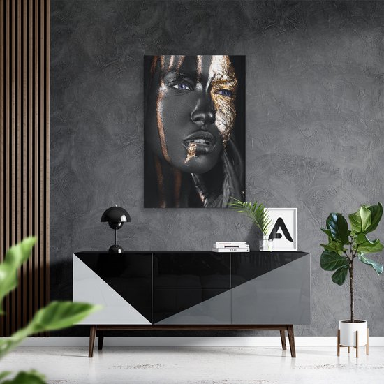 Artaza Canvas Schilderij Gouden Vrouw Gezicht - 60x90 cm - Wanddecoratie Woonkamer - Schilderijen - Muurdecoratie