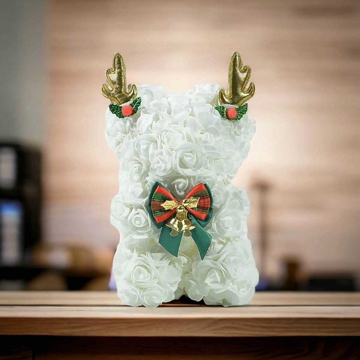 AliRose - Kerstmis Beer Witte Rozen - Wit - Kerst - Hert - Cadeau - White Roses - Reindeer - 25cm