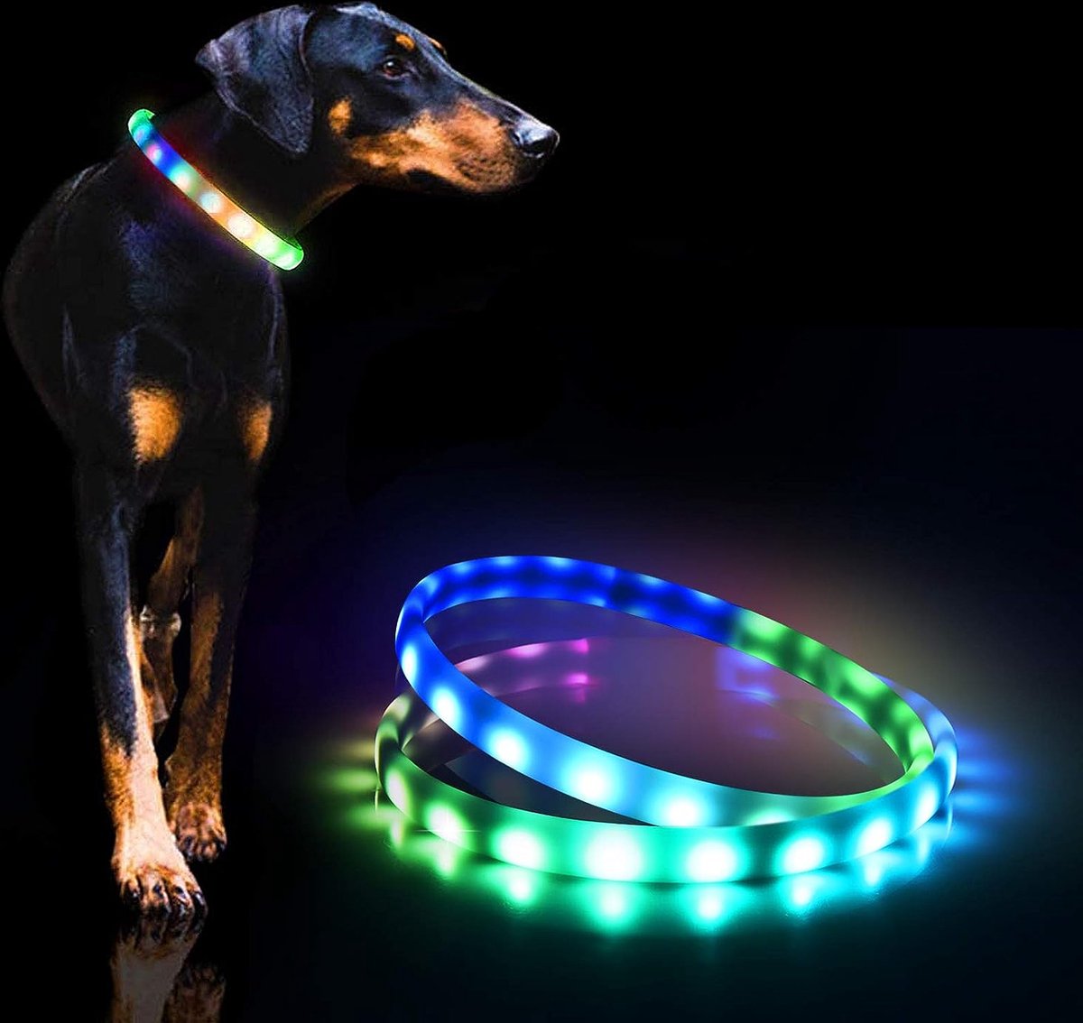 Led Hondenhalsband Oplaadbaar via TypeC, Superheldere Meerkleurige Lichtgevende Halsband, Weerbestendige Verlichte Veiligheidsketting Hondenhalsband voor Nachtwandelingen, Formaat Op Maat te Knippen voor Honden, Blauwe kleur