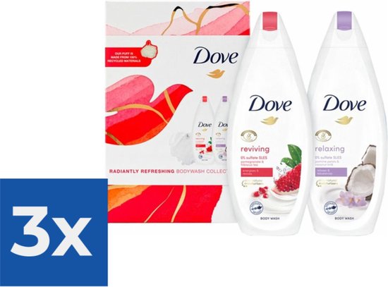 Dove Radiantly Refreshing Reviving Body Wash 225 ml + Ontspannende Body Wash 225 ml + Douche Puff 1 set - Voordeelverpakking 3 stuks