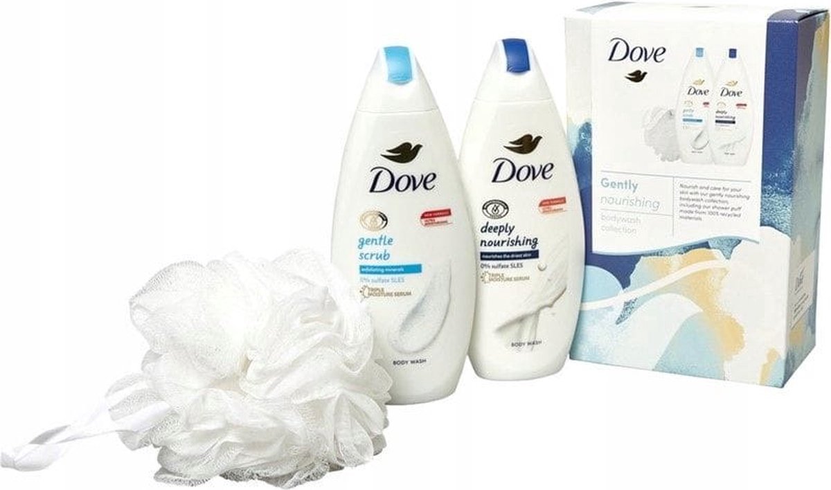 Goedkoopste Dove Gently Nourishing Body Wash Collection Gift Set - 225ml Gentle Scrub - 225ml Deeply Nourishing - Dove douche puff