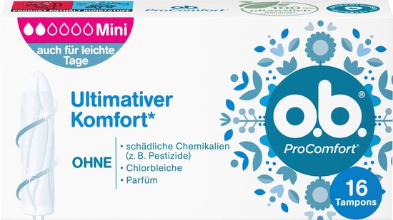 O.B. ProComfort Mini tampons, 16 stuks. Verpakking met blauwe en witte patronen. Tekst: 'Ultimativer Komfort*', 'ohne schädliche Chemikalien'.