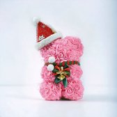 AliRose - Kerstmis Beer Roze Rozen - Roze - Kerst - Cadeau - Pink Roses - Santa Hat - 25cm