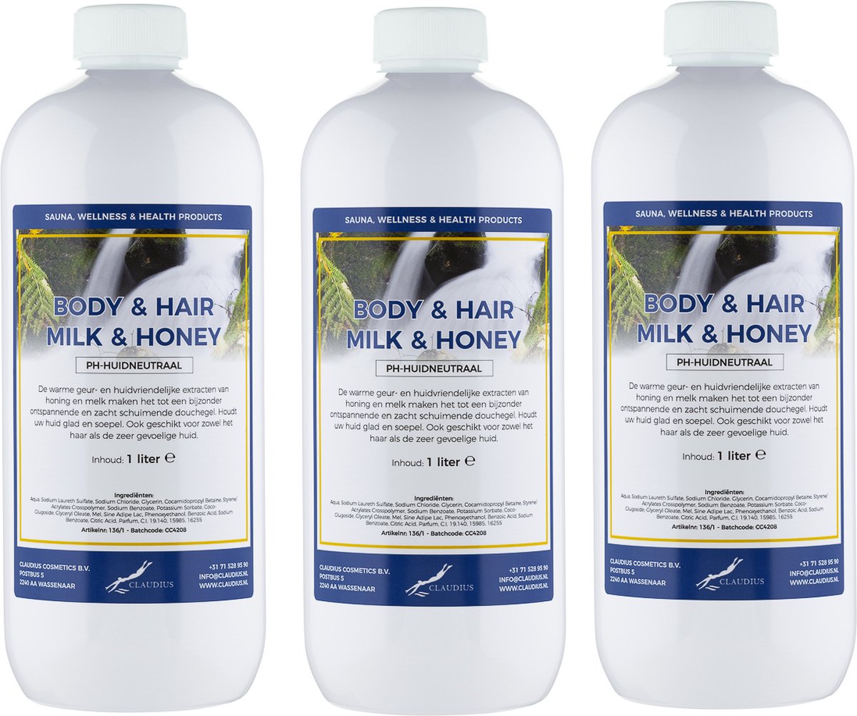 Goedkoopste Body & Hair Milk & Honey 1 Liter - set van 3 stuks - 2 in 1 voor lichaam en haar.