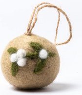 Kerstbal Vilt - Mistletoe Small Rond - Beige & Groen & Wit - 5cm - Fairtrade
