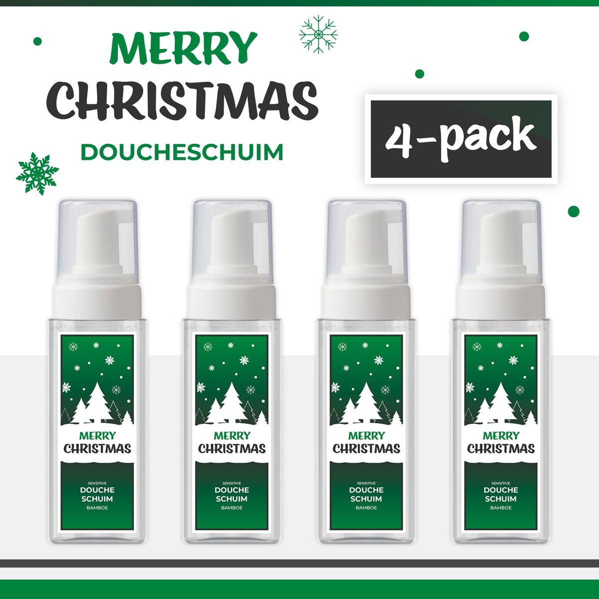 Goedkoopste Doucheschuim Merry Christmas - 4-Pack - 180 ml - 720 gram | Bamboe - Cadeau - Kerst - Kerstpakket - Kerstgeschenk - Klein Kerstcadeautje - Kerstpakketten - Christmas Gift - Fijne Kerstdagen - Cadeautje - Feestdagen - Groen