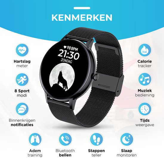AyeWay Smartwatch - Waterdicht & Touchscreen - Rond Stalen Band - 70 ...