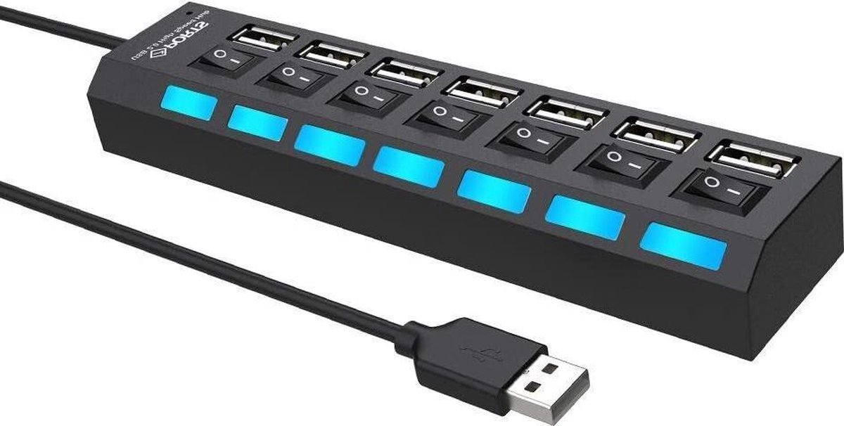 IBBO® - HI Speed - Zakelijke USB Splitter - USB Hub Met 7 Poorten - Aan/Uit Switch - Laptop én Desktop - Zwart