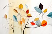 JJ-Art (Aluminium) 90x60 | Bloemen, bladeren, minimalisme, abstract, kunst | figuren, beige, bruin, rood, blauw, wit, modern | foto-schilderij op dibond, metaal wanddecoratie