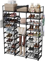Schoenenkast - Schoenenrek met 9 niveaus, DIY metalen schoenenrekken, 50-55 paar schoenen op te bergen, staande schoenenkast met haken voor woonkamer, kleedkamer en hal - Zwart