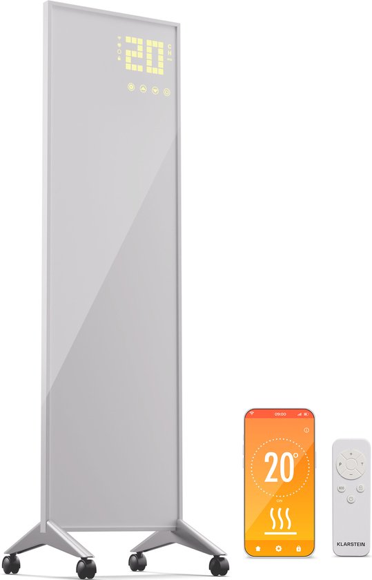Klarstein Infraroodverwarming 480 W, wandmontage en standaard, thermostaat, app-bediening, IP43, glasdesign, oververhittingsbeveiliging, voor badkamer en woonkamer, elektrische wandverwarming, wit