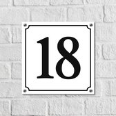 Huisnummerbord Wit Dibond Deluxe - Nummer 18 - incl. bevestiging | - naambord - nummerbord - voordeur | formaat 12 x 12 cm | - huisnummerbordje - nummerbord - voordeur