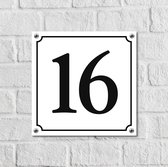 Huisnummerbord Wit Dibond Deluxe - Nummer 16 - incl. bevestiging | - naambord - nummerbord - voordeur | formaat 12 x 12 cm | - huisnummerbordje - nummerbord - voordeur