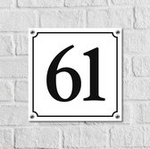 Huisnummerbord Wit Dibond Deluxe - Nummer 61 - incl. bevestiging | - naambord - nummerbord - voordeur | formaat 12 x 12 cm | - huisnummerbordje - nummerbord - voordeur