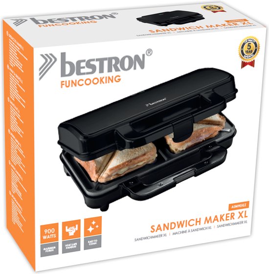 Bestron XL Machine à sandwich pour 2 sandwichs grillés, machine à sandwich avec revêtement antiadhésif et voyant lumineux, 1000W, couleur : Zwart