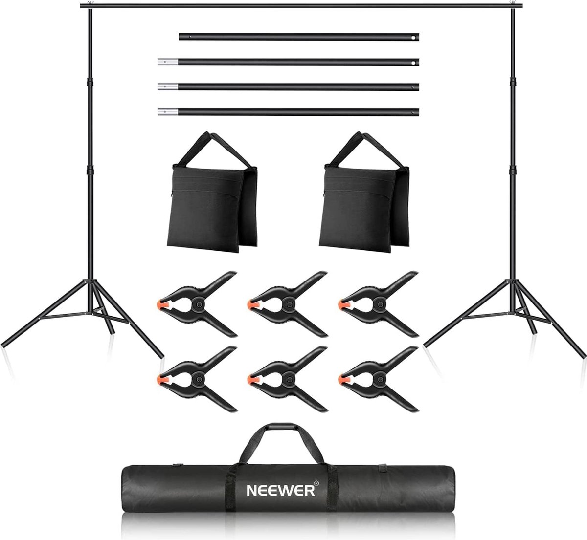 Neewer® - Achtergrondsteun Systeem voor fotostudio's - 2 x 3 m - Verstelbare AchtergrondstanDaard met 4 Dwarsbalken - 6 Achtergrondklem men - 2 Zandzakken en Draagtas voor Portret- en Studiofotografie